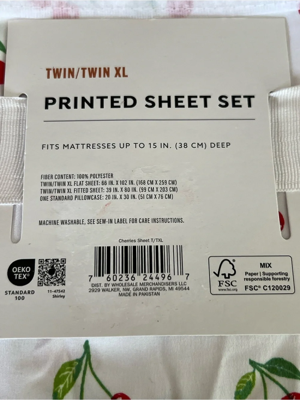 Twin XL 3 -piece sheet set ; Cherry Print by havenstay; White and Red, New